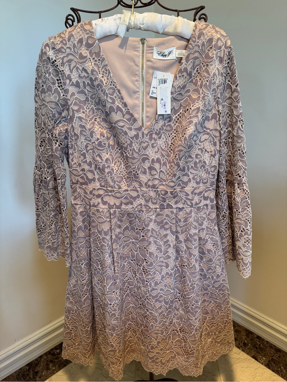 Eliza J Lavender Grey Lace V-Neck Fit & Flare Dress